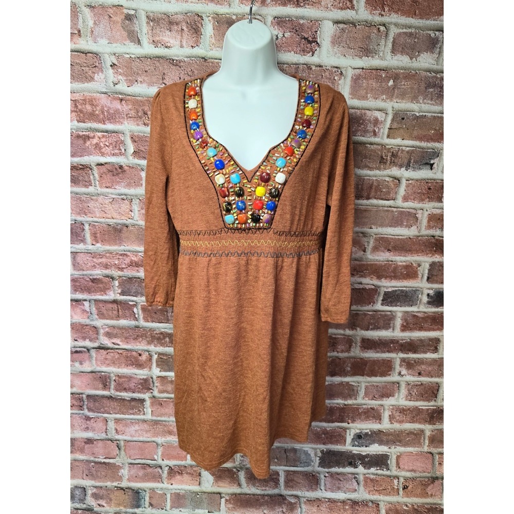 Women's HELLO MISS Boho Beaded Neckline Babydoll Mini Dress Size Medium